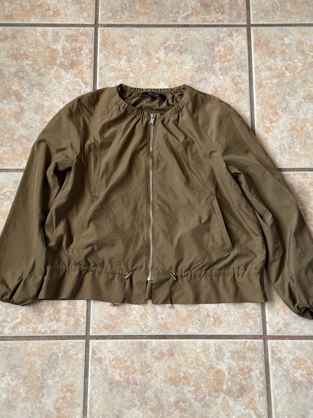 Zara Basic Lightweight Drawstring Waist Bomber Jacket Olive Green
